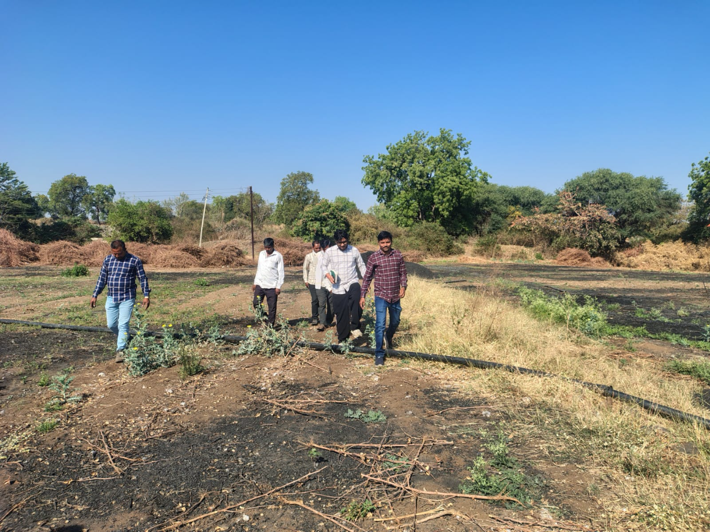 Officials and researchers walking a farm plot during a field assessment